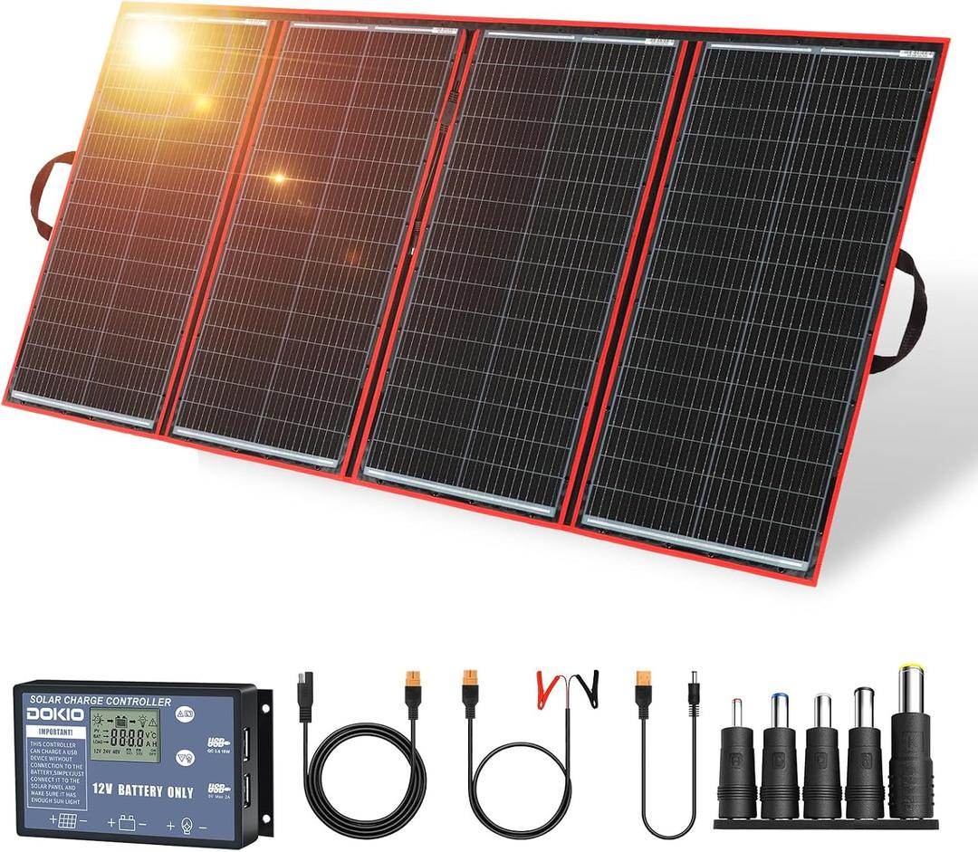 DOKIO 300W Portable Foldable Solar Panel Kit for 12V Battery Charging | Folds to 20 x 38 in and Weighs 15.3 lb; Includes Controller and Dual USB; for 12V Batteries, Power Stations and Camping