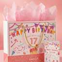 BOPLYBAY Age 17 Birthday Gift Bag with Card & Tissue Paper, 17th Birthday Party Gift Bag for Girls, Cute Ready-to-Use Gift Packaging