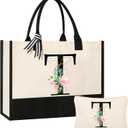 AYGE Personalized Initial Canvas Beach Bag Cosmetic Bags, Tote Bag, Makeup Bag, Gifts for Sister Mom Teacher Bridesmaid