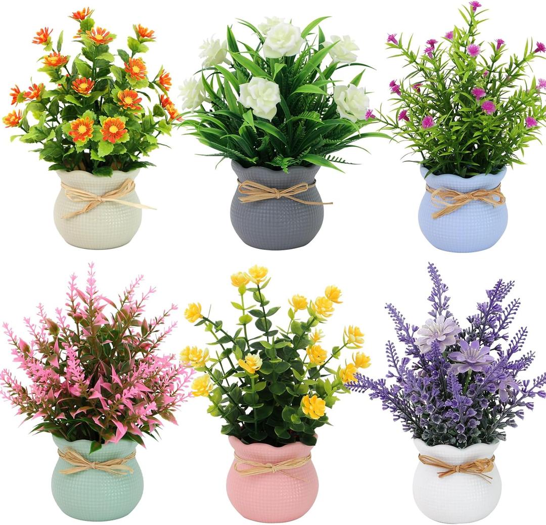 Yoratee 6pcs Artificial Pot Flowers Small Fake Plants Mini Potted Plants for Home Office Tabletop Decoration