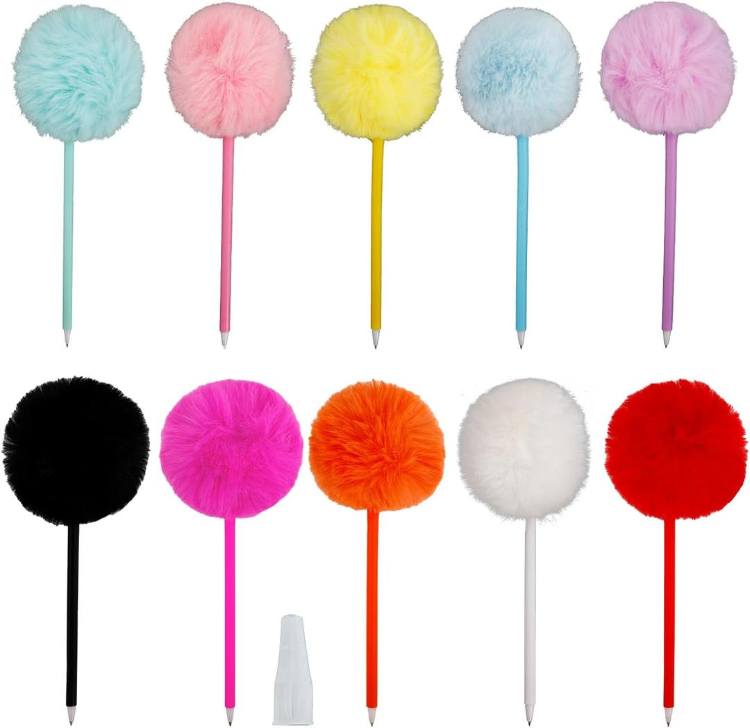 10Pcs Colorful Fluffy Pom Pom Ballpoint Pens - 10 Pack Cute Fluffy Ball Pens for Girls, Party Supplies, and Office Stationery