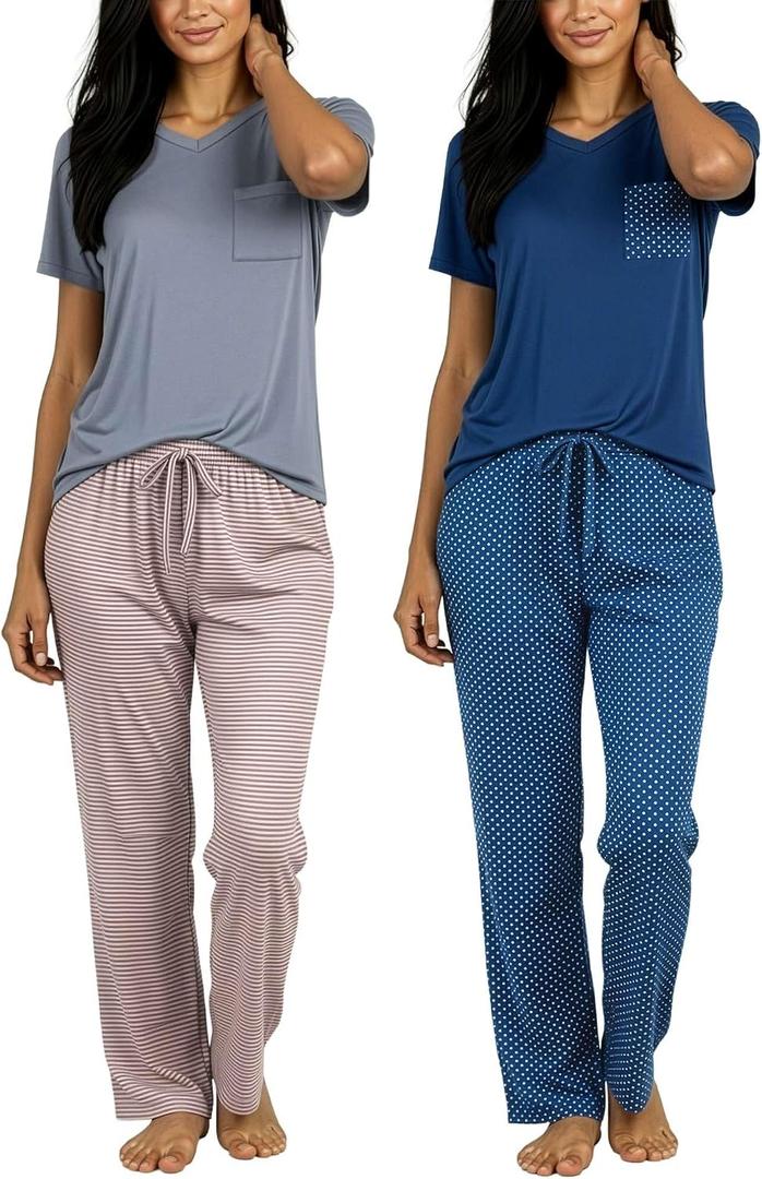 Real Essentials 2 Pack: Women's Comfy Pajama Sets - Short Sleeve Ladies Loungewear Sleepwear PJs (Available In Plus) (Gray, S)