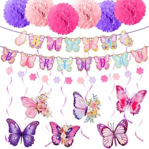 Vints Butterfly Birthday Party Decorations, Purple Pink Happy Birthday Butterfly Banner Butterfly Hanging Swirl Streamers 6 Pcs Tissue Pom Pom for Girls Party Spring Themed Party