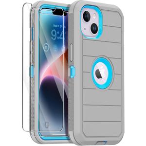 for iPhone 14 Case with 2 Screen Protector,Full Body Shockproof Drop Protection Dust Proof Heavy Duty 3-Layer Rugged Durable Military Grade Cover for Apple iPhone 14 6.1" (Gray/Blue)