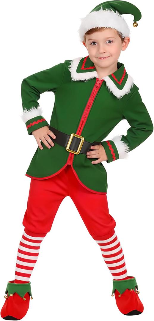 Kids Christmas Elf Costume for Boys Holiday Elf Costume Outfit (7-8 Years)