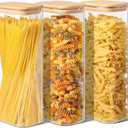ComSaf 2.2 Qt Rectangle Glass Storage Containers with Lids, Glass Jars with Bamboo Lids, Clear Food Storage Jar, Tall Spaghetti Container, Pantry Storage Container for Pasta Flour Oats Nuts Rice