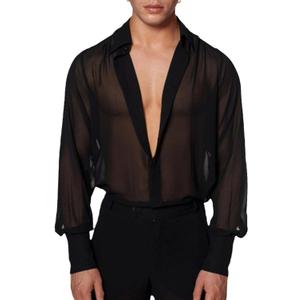 Men's Mesh Sheer See Through Long Sleeve Rave Disco Outfit Collar Button Front Party Shirt Tops (3X-Large, Black)