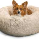 Best Friends by Sheri Original Calming Donut Dog and Cat Bed, Shag Faux Fur, Taupe, (30in x 30in) - Anxiety Relief for Pets Up to 45 lbs (Medium)