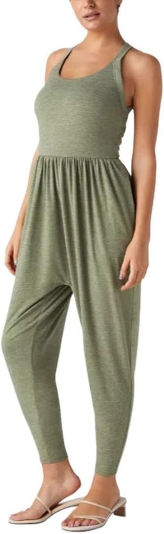 Jumpsuits for Women Backless Twisted U Neck Side Pocket Harem Casual Yoga Gym Workout Jumper One Piece Outfits M