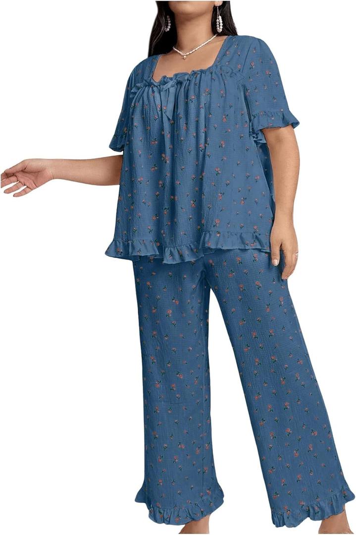OYOANGLE Women's Plus Size Pajama Set Floral Short Sleeve Sleepwear Ruffle Pants 2 Piece Pjs Lounge Set (Blue, Size: 4X-Large Plus)