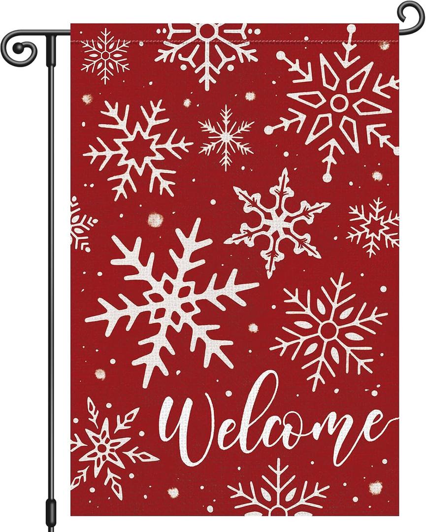 Louise Maelys Welcome Winter Garden Flag Snowflake 12x18 Inch Double Sided Christmas Xmas Holiday Seasonal Plaid Small Burlap Yard Sign Outside Home Outdoor House Decoration
