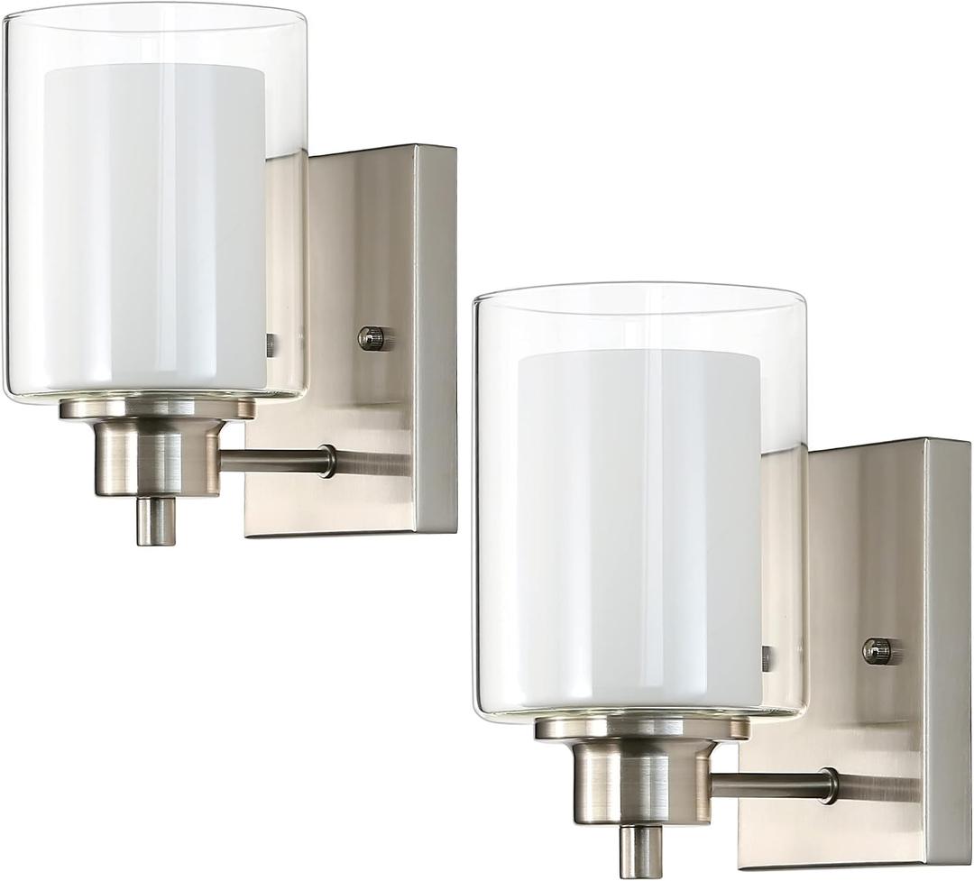 2 Pack Bath Vanity Light Fixtures 1-Light, Indoor Brushed Nickel Wall Light with Dual Glass Shade, Modern Bathroom Wall Scone Lighting, Vintage E26 Base Wall Mount Lamp for Bedroom