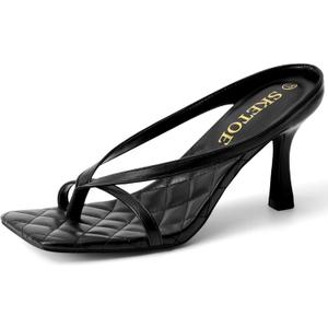 Kitten Heels for Women Square Open Toe Sandals Dressy Wedding Party Shoes Flip Flops T Strap Slip On 3inch High Heels Black, 9.5