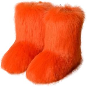 YESBOR Women's Faux Fur Winter Snow Boots Round Toe Flat Booties for Indoor Outdoor (Orange, 8)