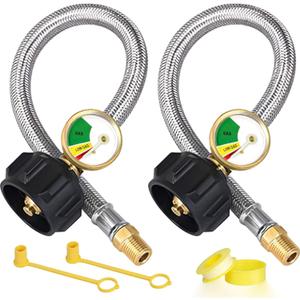 15 Inch RV Propane Hose Replacement with Gauge, 2 Pack Camper Propane Hose for RV Two-Stage Regulator, Stainless Steel Braided, 1/4" Male NPT & QCC 1 Inlet, 350PSI