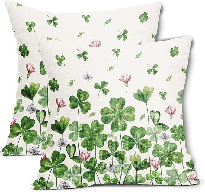 St Patricks Day Pillow Covers 20x20 Inch Set of 2 Irish Shamrock Clover Green Pink Floral Cotton Linen Decorative Throw Pillow Case Saint Patricks Day Cushion Covers for Bedroom Sofa Living Room Decor