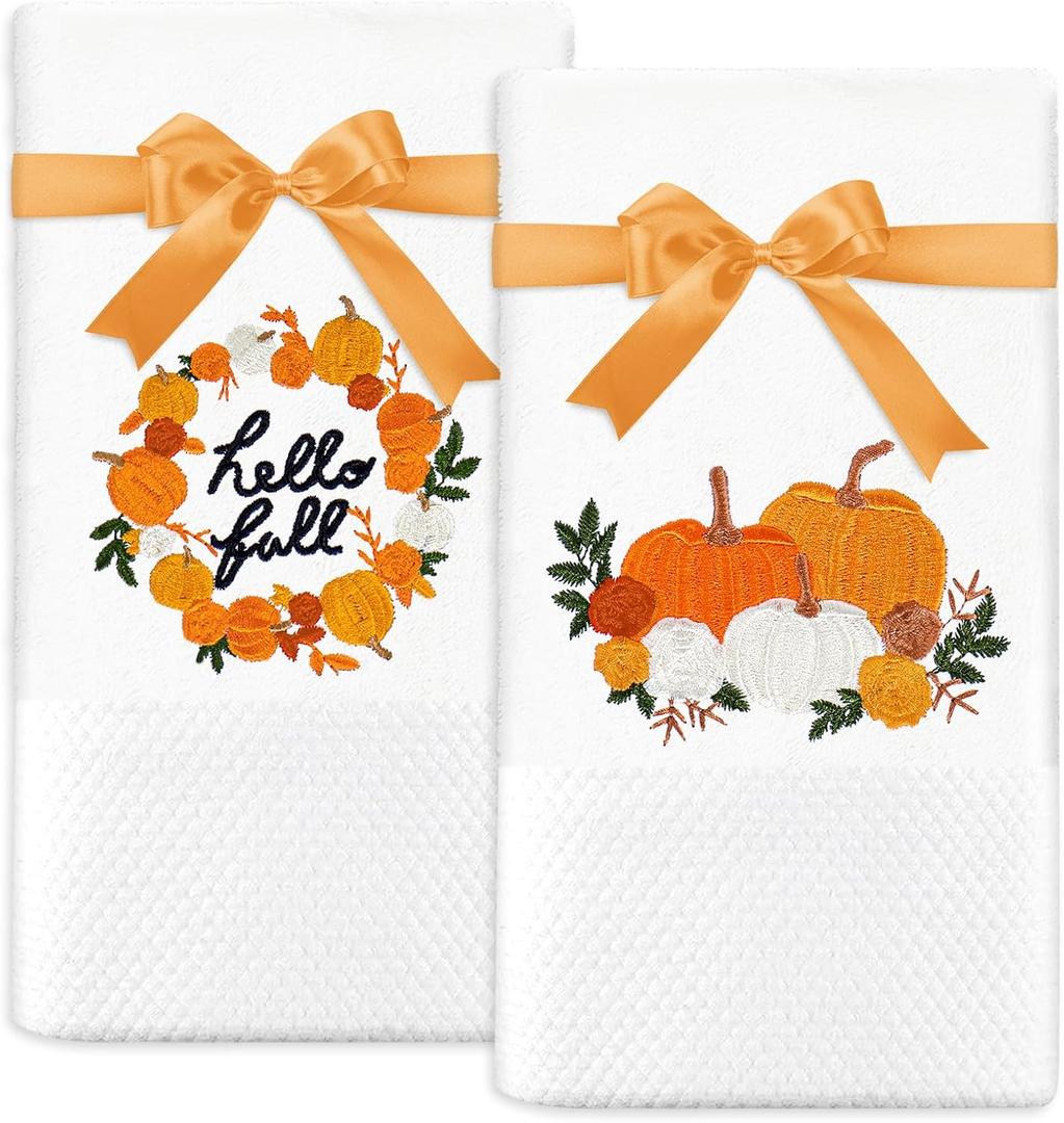 2Pcs Fall Hand Towels Autumn Pumpkin Wreath Embroidered Cotton Bathroom Towel Absorbent Decorative Bath Towel for Thanksgiving Hand Drying Cleaning Cooking, 29.5 x 13.7 Inch