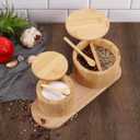 Natural bamboo Salt and Pepper Bowl, Bamboo Salt Cellar and Spices Storage Box With Built-in Spoon and Magnetic Swivel Lid (Two Compartments)