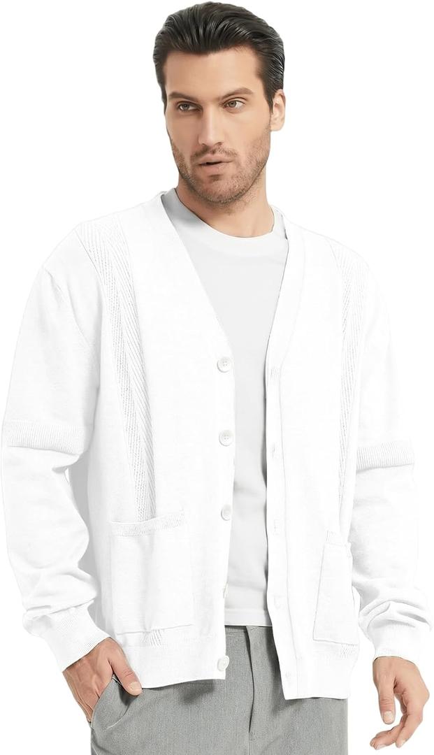 Men's Casual Cardigan Sweater Long Sleeve V Neck Button Down Mens Knit Cardigan Sweaters with Pockets (White, XXL)