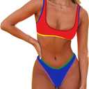 SherryDC Women's Sexy Scoop Neck Bikini Sets Color Block High Cut Thong Brazilian Two Pieces Swimsuit Bathing Suit (Medium, 179-red+blue)