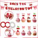 112 Pcs Cherry Party Decorations Tableware, Cherry Birthday Decorations, She's the Cherry on Top Theme Banner, Cherry Party Supplies, Fit 16 Guests for Cherry Themed Party Baby Showers Decorations