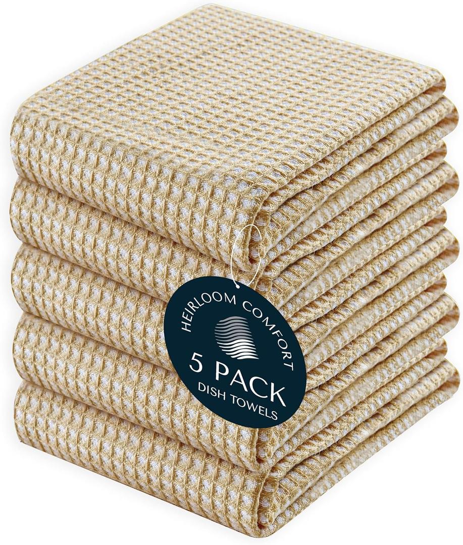 5 Pack 100% Cotton Dual Tone Waffle Weave Kitchen Towels, 16x26 Inch, Super Absorbent, Fast Dry Dishcloth Set, Soft and Durable, Beige