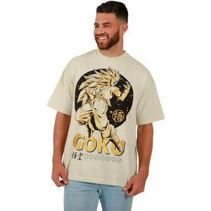 Dragon Ball Z Metallic Print Goku Crew Neck Short Sleeve Oversized Drop Shoulder Natural Men's T-Shirt