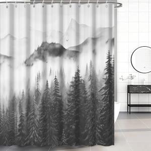 Grey Misty Forest Shower Curtain, Nature Foggy Mountain Shower Curtain Set for Bathroom Waterproof Pine Tree Woodland Bathroom Decor with Hooks, 72x72 Inch