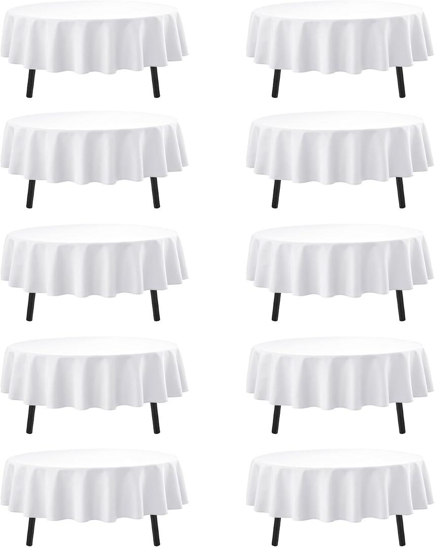 10-Pack White Round Tablecloths, 70 Inches, Stain-Resistant Polyester for 3-4 Ft Round Tables - Washable Table Covers for Weddings, Banquets, Birthday Parties, Events