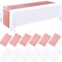 Tudomro 12 Pcs White and Rose Gold Disposable Plastic Tablecloths and Satin Table Runner Set, 54 x 108 Inch Tablecloth, 12 x 108 Inch Table Runners for Wedding Baby Shower Birthday Party