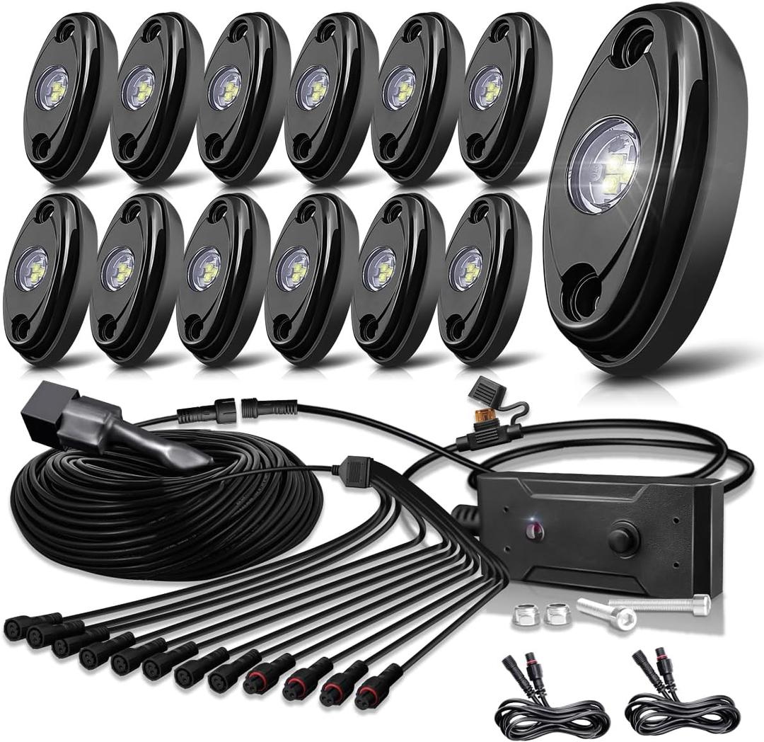 R1 Pure White Rock Lights Kit with Switch Wire Harness 12PCS Super Bright LED Rock Lights White for Offroad Trucks ATV UTV SUV High Power Underglow Under Body Light Waterproof Shockproof