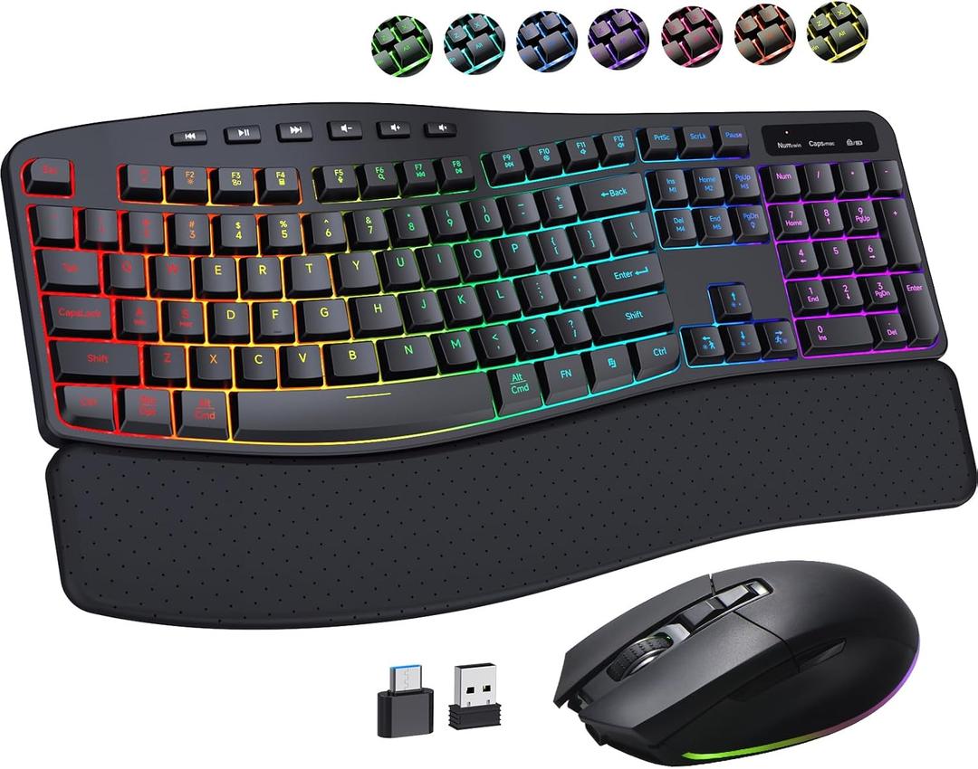 COLIKES Ergonomic Wireless Keyboard and Mouse Silent, Rechargeable Wave Keyboard with 15 Lighting RGB Backlit Effects, Soft Leather Wrist Rest, 3200 DPI Mouse for PC Computer Laptop Windows Mac