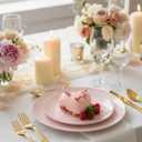 PULOTE 100PCS Pink Plastic Plates - Heavy Duty Pink and Gold Disposable for Party, Wedding, Mother's Day Include 50 Each (Dinner & Dessert) Plates