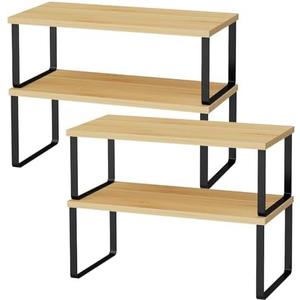 OGEMXU Cabinet Shelf Organizers, 15.7 inches Large Kitchen Counter Shelf, Set of 4 Wood Kitchen Pantry Organizer, Storage Shelves for Countertop, Spice Rack, Stackable, Expandable, Metal Black, Nature