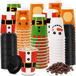 FULJOOY 60 PCS Christmas Coffee Cups 12 oz Paper Snowman Disposable Insulated Cups with Leak Proof Lids and Extra Thick Insulated Beverage Cups for Hot & Cold Liquids