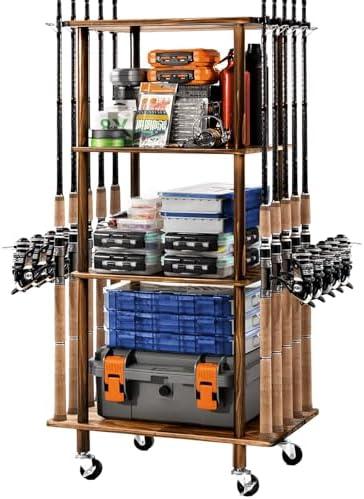 Ghosthorn Fishing Rod Holders for Garage Fishing Pole Rack Hold up to 10 Rods Fishing Pole Holders Wooden Organizer Fishing Rod Rack car Fishing Gear Storage Equipment (4 Tier)