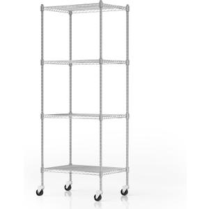 Garage Shelving with Wheels, 4 Tier Shelving Unit and Adjustable Feet, 865 lb High Capacity Rolling Storage Shelf for Kitchen, Office, Dining Room, Garage, Chrome