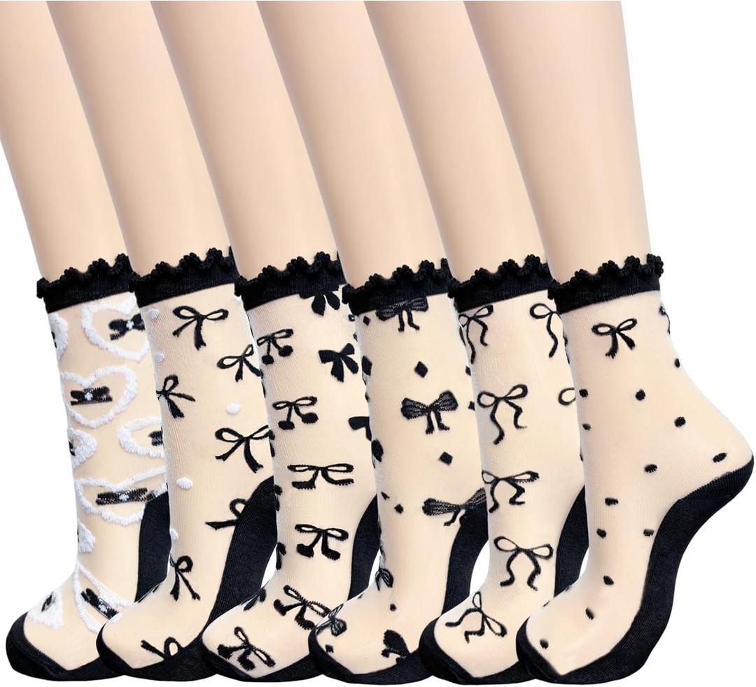 LOHO WONDERZ 6 Pairs Bow Sheer Socks, Cute Ruffle Frilly Lace Socks for Women Girls Summer Thin Sock (US, Alpha, One Size, Regular, Regular, Black Bow)