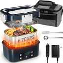Electric Heated Lunch Box, 6.7 Cups | 1.6L, 15600mA Battery Powered, Portable Cordless Self Fast Heating Food Container Warmer, Timer Preset Heating, Car, Truck, Picnic, Outdoor Work Use