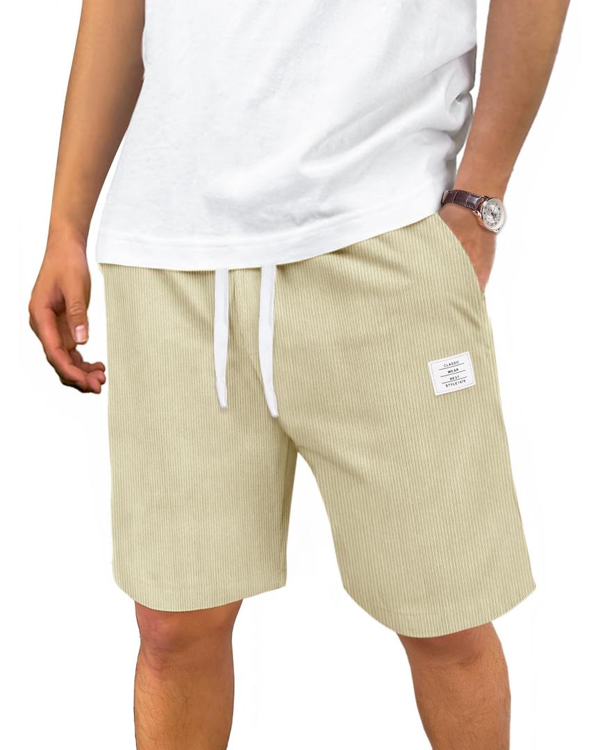 DOWMQ Men's Corduroy Shorts Casual Elastic Drawstring Lightweight Summer Beach Shorts with Pockets Khaki, XL