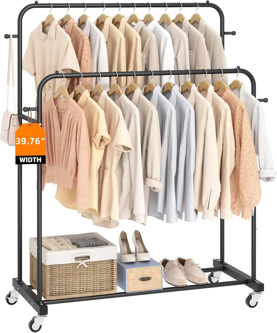 Laiensia Double Rods Garment Rack with Wheels, Clothing Rack for Hanging Clothes,4 Hooks, Multi-functional Bedroom Clothes Rack, Black Laiensia Double Rods Garment Rack with Wheels, Clothing Rack for Hanging Clothes,4 Hooks, Multi-functional Bedroom Clothes Rack, Black