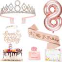 8th Birthday Decorations for Girls, Including 8 year old Birthday Cake Topper, Queen Sash with Pearl Pin, Sweet Rhinestone Tiara Crown, Number Candles and Balloons Set, Rose Gold