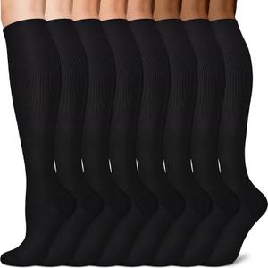Sooverki Copper Compression Socks for Men & Women 8 Pack 15-20mmHg - Knee High Stockings Best Support for Running Athletic (Large-X-Large, 02 Black)