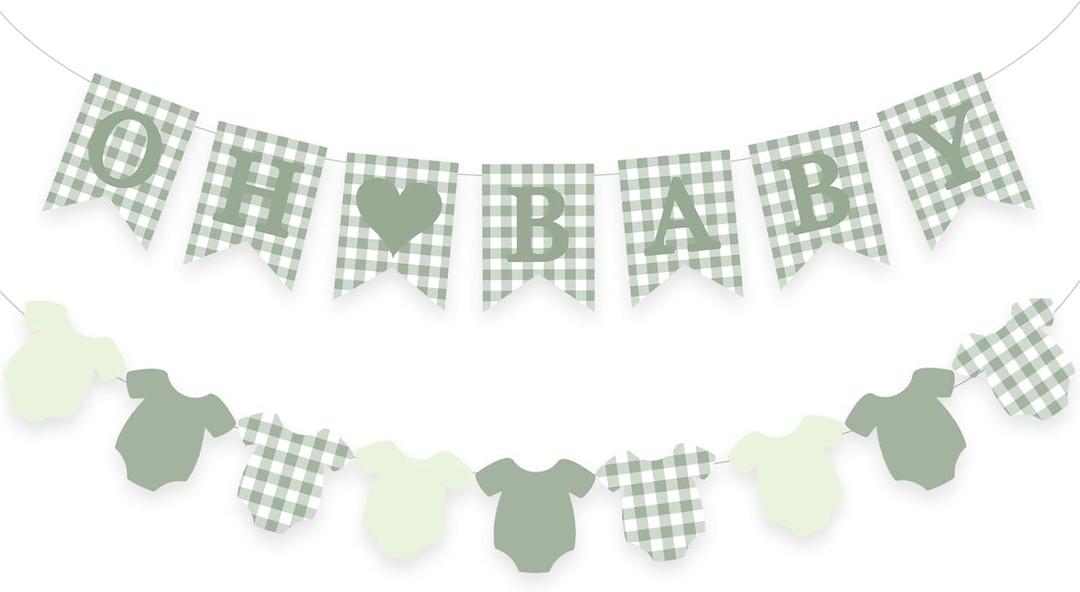 Green Gingham Baby Banner Sage Plaid Welcome Baby Shower Sign Decoration Clothesline Onesie Garlands Gender Neutral Party Supplies