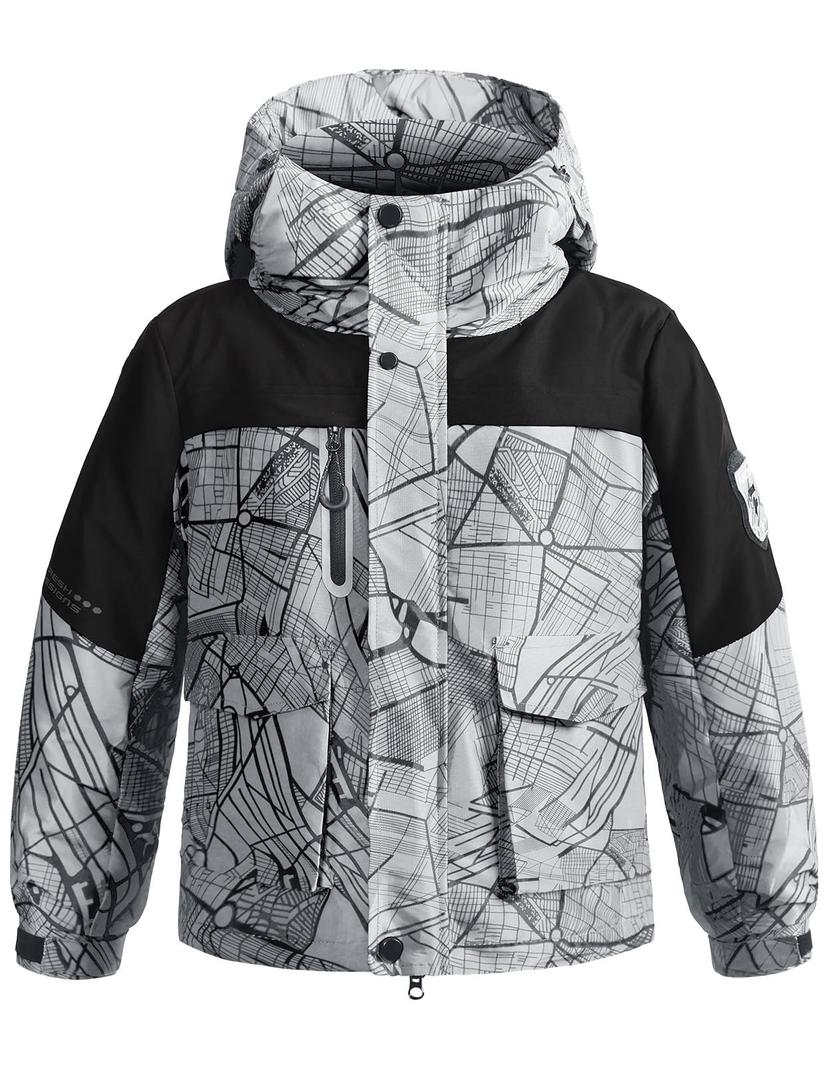 BANTREK Boy's Ski Winter Coat - Lightweight Insulated Waterproof Snow Jacket Hooded Windproof Warm Outerwear for Kids (Ivory Print Black,10-12) (White)
