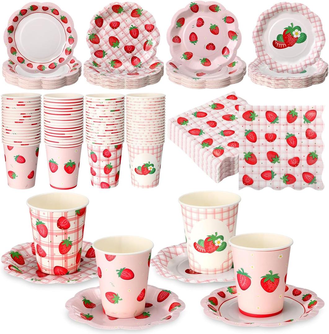 Yungyan 108 Pcs 36 Guest Strawberry Party Paper Plates and Napkins Strawberry Decoration Disposable 6" Scalloped Dessert Plates 9 oz Cup Tableware Set for Baby Shower Berry First Birthday Supplies