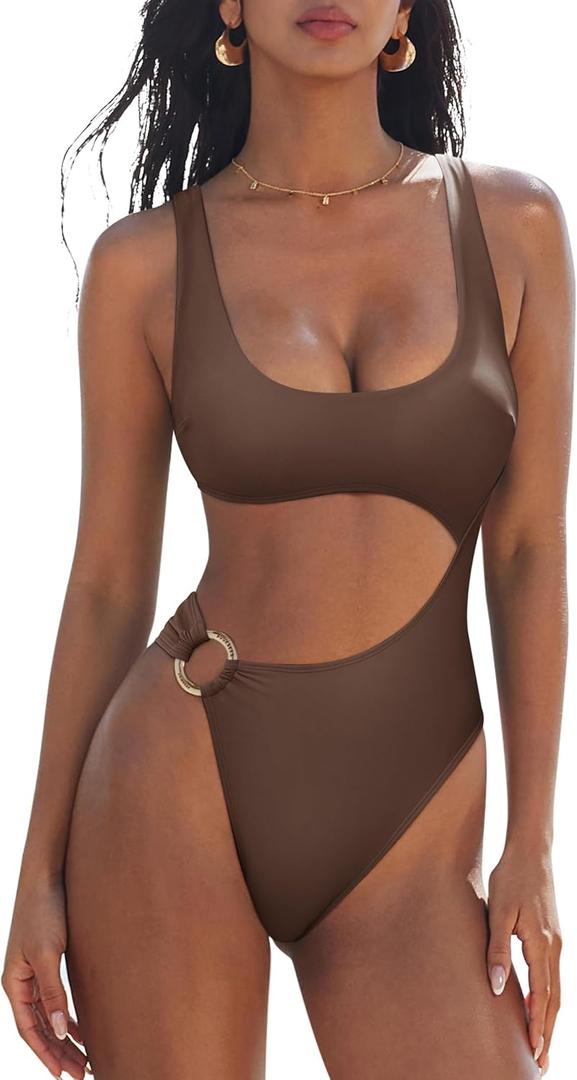 SUUKSESS Women Sexy One Piece Tummy Control Swimsuit Cutout Backless Bathing Suit (Large, Dark Brown)