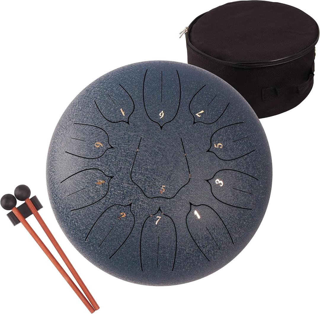 Steel Tongue Drum 12 Inch 11 Notes for Adults - Ethereal Metal Instrument for Meditation & Yoga with Music Book, Mallets & Carry Bag (Navy) (Dark Blue)