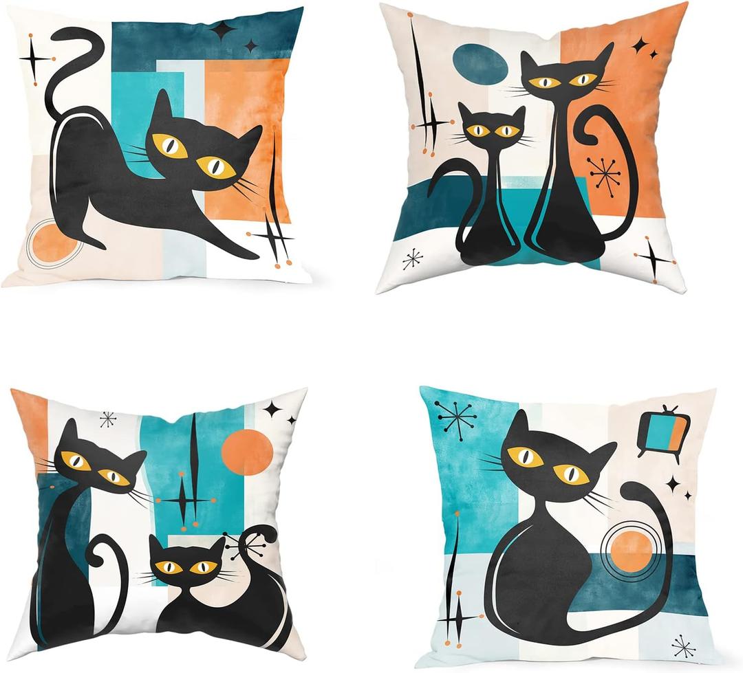 Black Cat Pillows Retro Atomic Cat Cushion Covers Mid Century Pillow Covers Halloween Throw Pillow Covers 20x20 for Modern Living Room Decor Set of 4