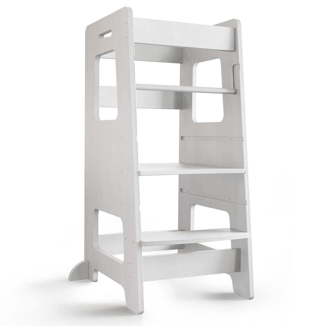 Kitchen Step Stool, WOOD CITY Toddler Kitchen Stool Helper with Safety Rail, Height Adjustable Child Standing Tower Learning Stool for Counter and Bathroom Sink (White) (White-upgrade)
